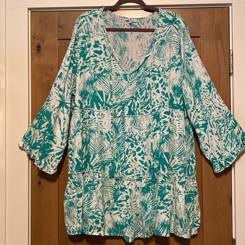 BLUE ISLAND beachy cover-up shirt top blouse Tunic Womens 1X Tiered Resort Vacay